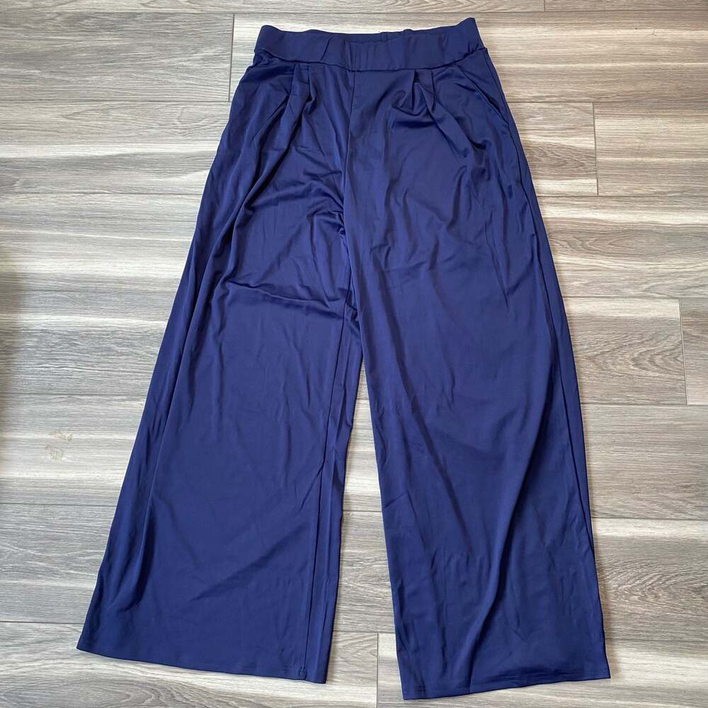 Unbranded Women's Navy Blue High-Waisted Pleated Wide Leg Palazzo Pants XXXL
